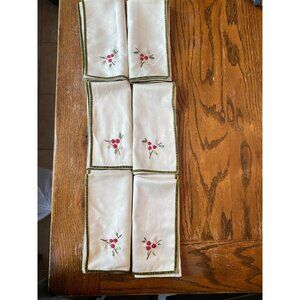 Vintage Ribbon Embroidered Velvet Trim Christmas Napkins Set Of 6 20" square Whi